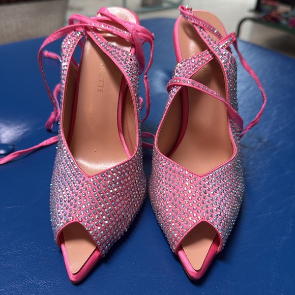 Cult of Coquette Kim Pink Satin Crystal Open Toe Heels
Size 6 new - Picture 3 of 6